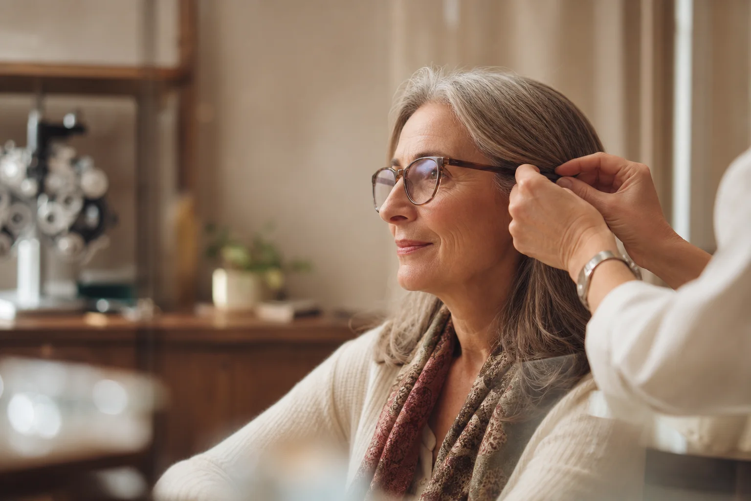 A patient being fitted with eyeglasses in a warm, comfortable eye care setting